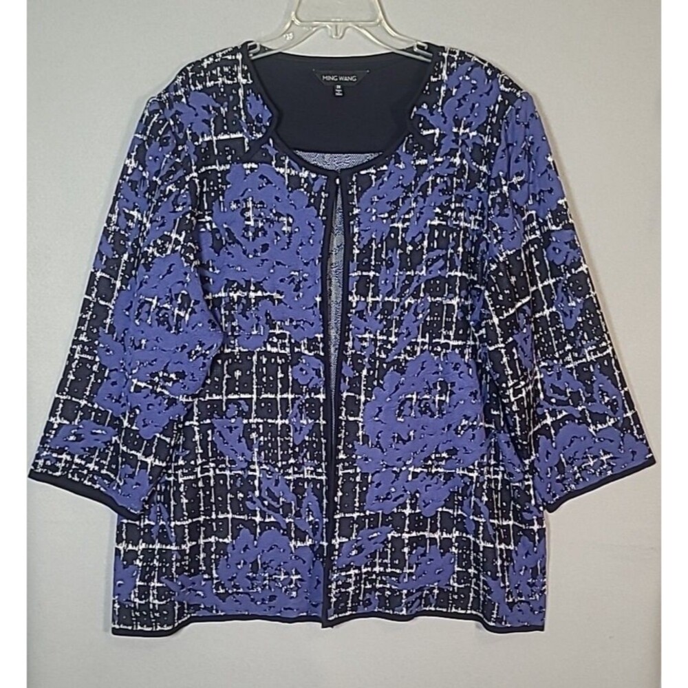 Ming Wang Cardigan Sweater Womens 3X Black Floral Open Front Knit Jacket